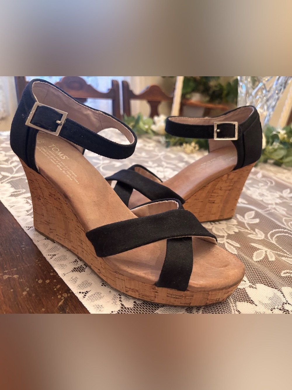 TOMS Black Cork Wedge Sandals with Ankle Buckle